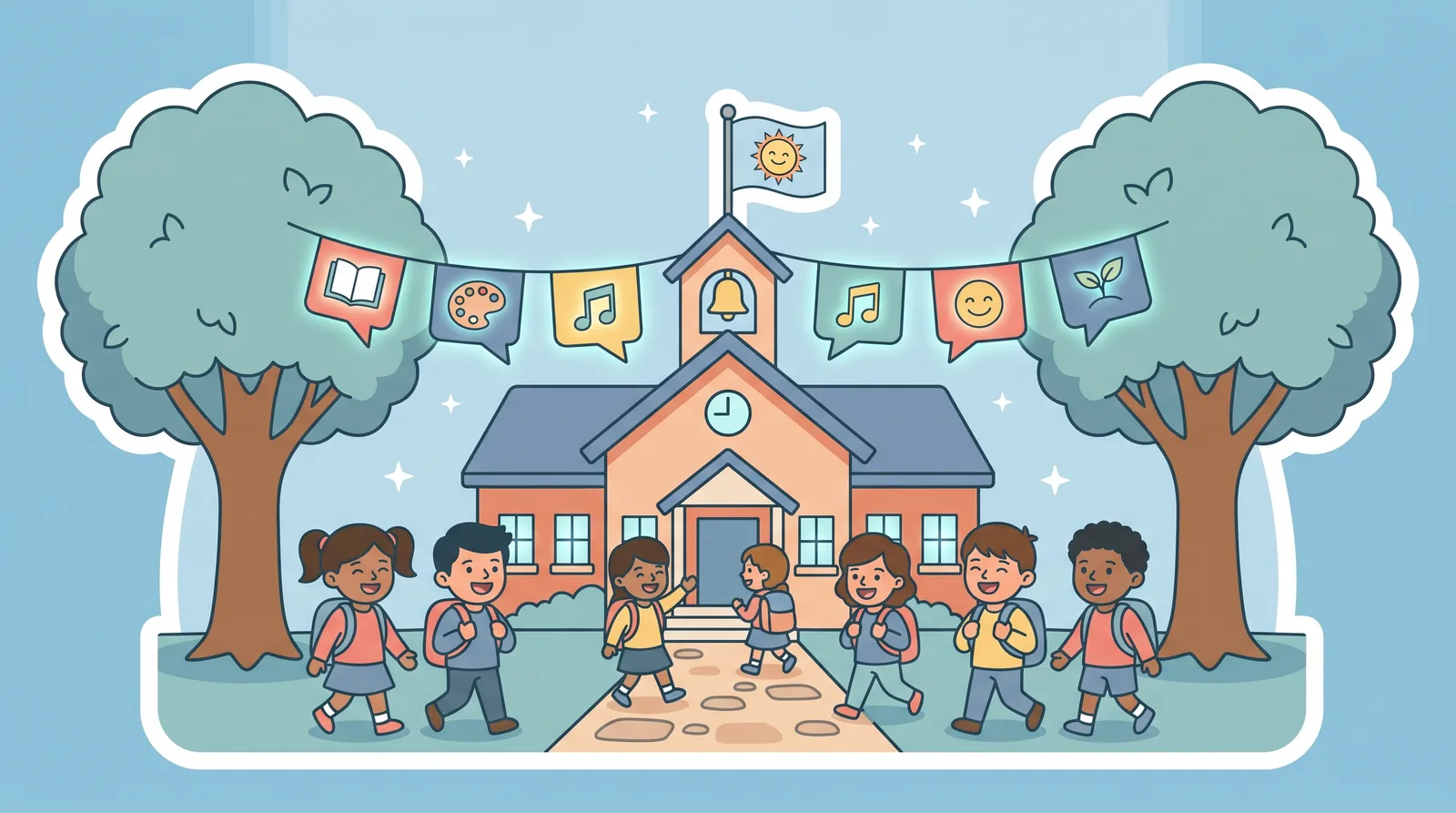 Illustration of children with backpacks walking to a school building with speech-bubble flags