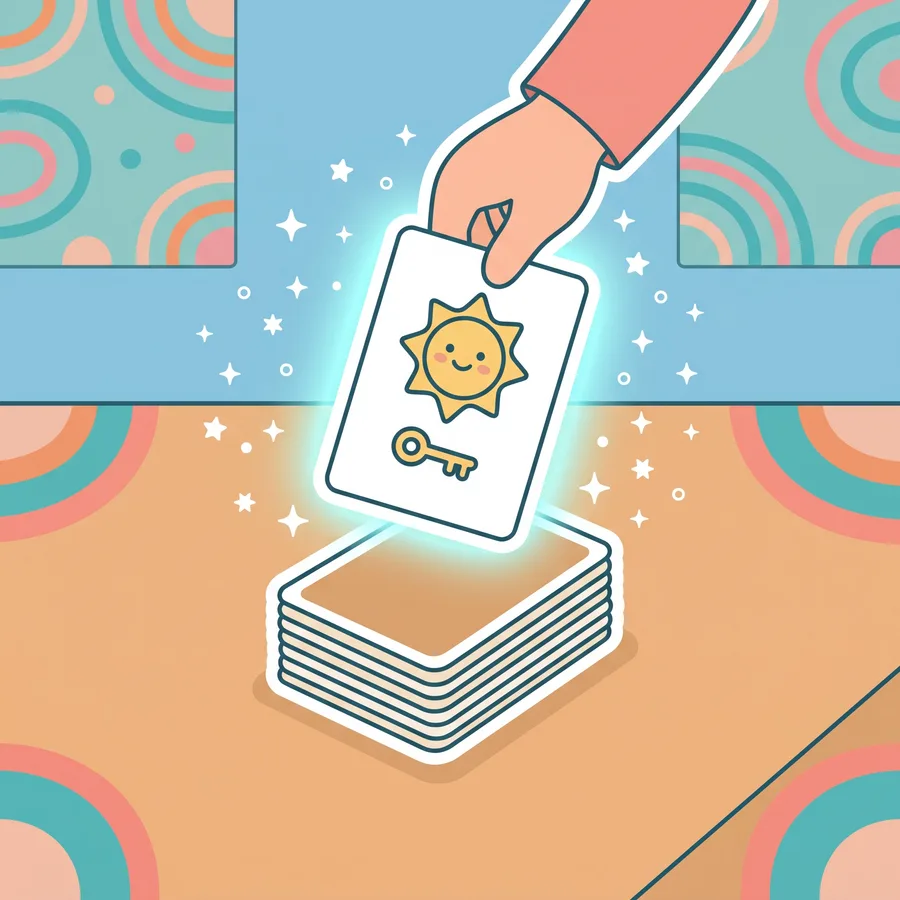 Illustration of a child's hand drawing a glowing story card from the deck