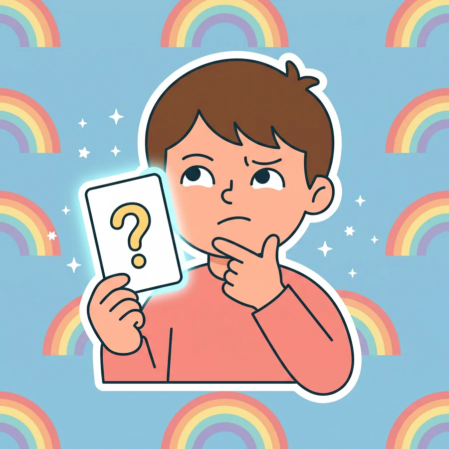 Illustration of a child holding a question-mark card and thinking