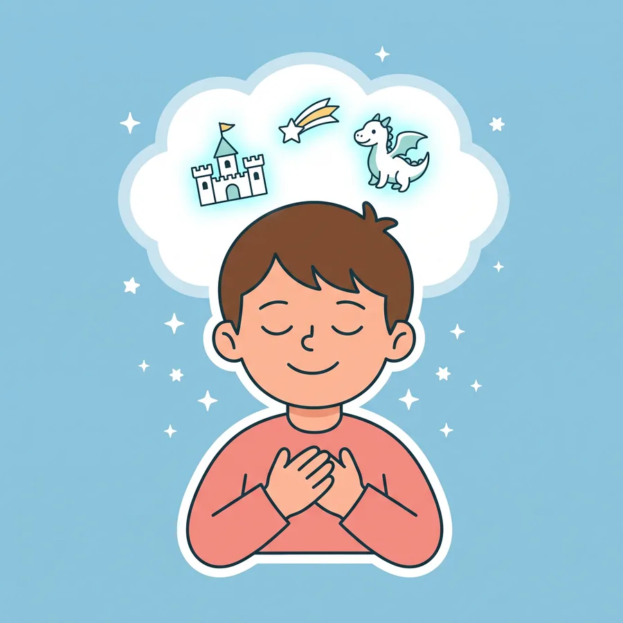 Illustration of a child with an imagination cloud holding a castle, a dragon and a shooting star