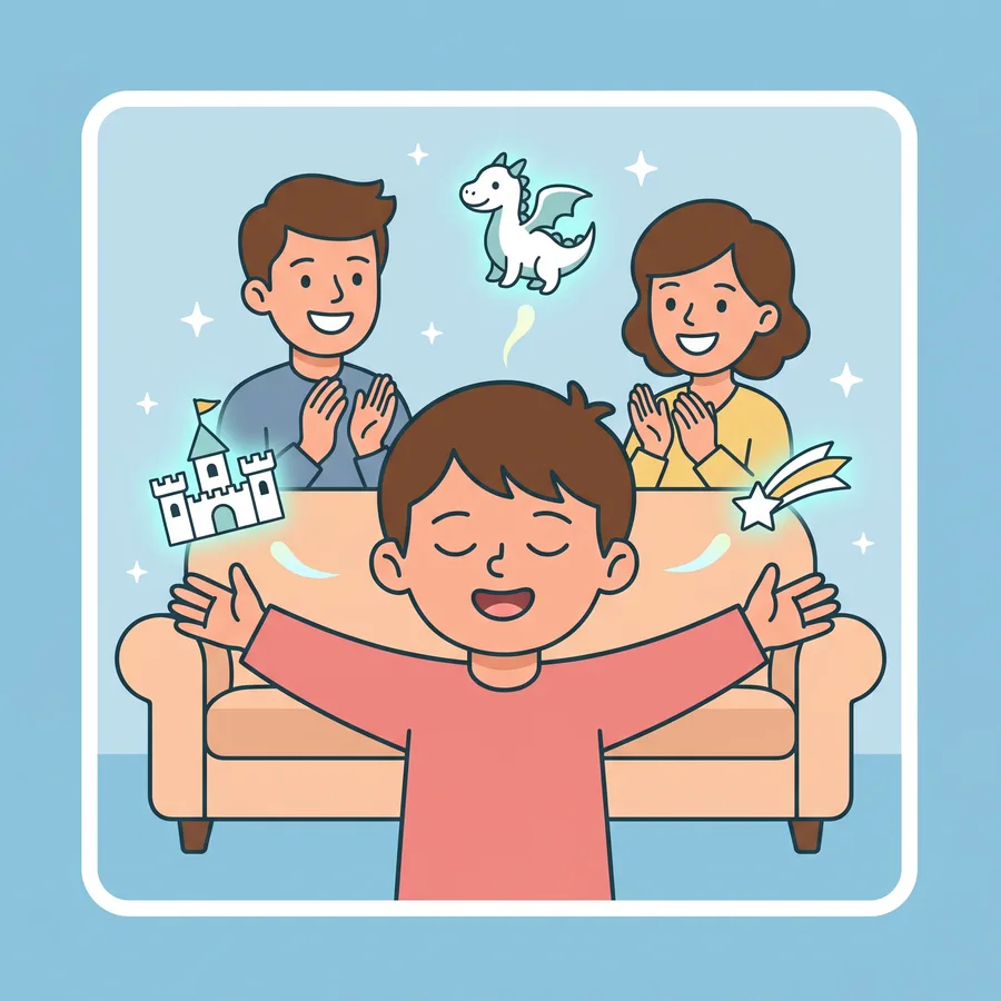 Illustration of parents clapping for a child telling their story